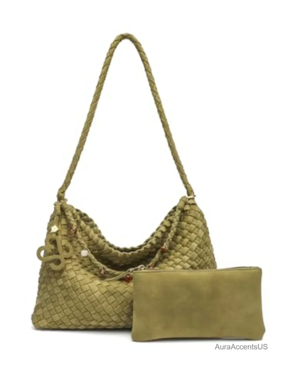 Woven Faux Suede Hobo Shoulder Bag with Magnetic Closure and Beaded